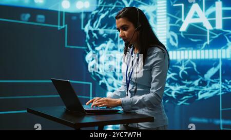 Speaker talking in online webinar, exploring ways AI can positively enhance companies workforce. Presenter promoting artificial intelligence solutions during internet presentation, camera A Stock Photo