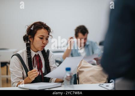 Students engaging in classroom tasks with professor's guidance Stock Photo