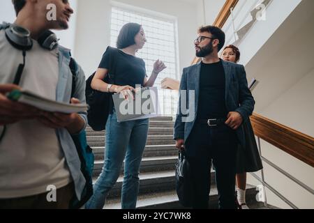 Diverse group of students and professor conversing on university stairs Stock Photo