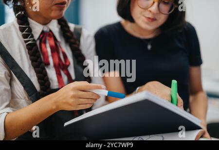 Two students collaborating during a study session at school Stock Photo
