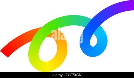 Rainbow colored squiggle. Cool multicolored curled or looped line isolated on white background. Organic doodle figure with gradient effect. Vector illustration. Stock Vector