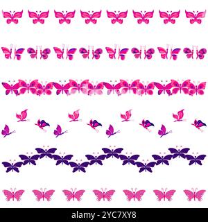 Set of decorative borders with butterflies. Vector illustration isolated on white background. Stock Vector