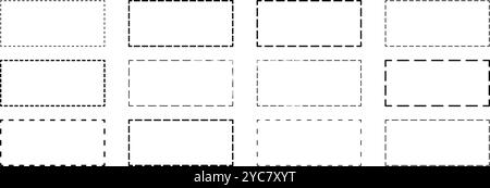 Set of rectangle shapes with dashed lines. Dotted geometric figures isolated on white background. Cut here pictograms for paper coupons or sale tags. Vector outline illustration. Stock Vector