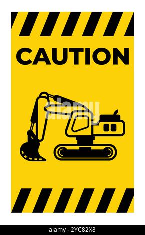 A caution sign featuring an excavator silhouette on a bright yellow background. Ideal for construction, safety, and industrial themes. Stock Vector