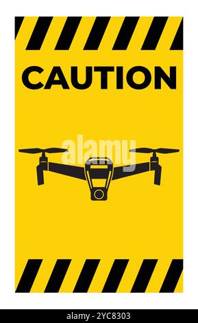 This image shows a caution sign featuring a drone illustration on a bright yellow background. Perfect for illustrating safety precautions in drone usa Stock Vector