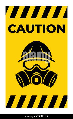 A bold caution sign featuring a safety helmet and gas mask, highlighting the importance of safety measures in hazardous environments like construction Stock Vector