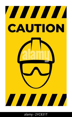 Bright yellow safety caution sign featuring an illustration of a helmet and goggles, emphasizing the importance of protective gear in workplaces and c Stock Vector