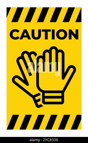 Bright yellow caution sign featuring gloves as a safety reminder for workplaces. Ideal for promoting awareness of protective equipment usage. Stock Vector