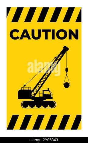 A striking caution sign featuring a crane on a yellow background. This image emphasizes safety in construction zones and industrial environments. Stock Vector