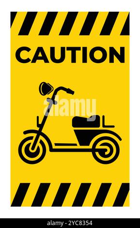 Bold yellow caution sign featuring a graphic of a scooter, designed to emphasize safety and awareness for pedestrians and riders in public spaces. Stock Vector