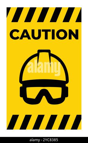 Bright yellow caution sign featuring a safety helmet and goggles. This illustration symbolizes the importance of safety and awareness in various work Stock Vector