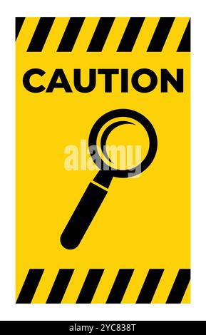 Bright yellow caution sign featuring a magnifying glass icon. Ideal for conveying safety messages, highlighting inspection needs, or increasing visibi Stock Vector