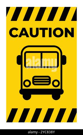This image features a caution sign with a school bus icon, designed to alert motorists to school zones. It uses a bold yellow and black color scheme f Stock Vector
