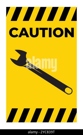 Bright yellow caution sign featuring a black wrench. Ideal for conveying safety and maintenance messages in industrial or repair settings. Stock Vector
