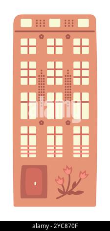 Single Amsterdam orange canal house, typical Dutch architecture. Cute color Netherlands building with tulips, preppy doodle, vector illustration, auth Stock Vector
