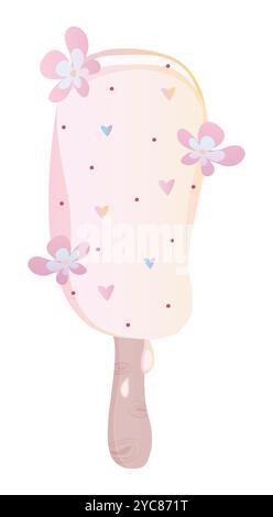 Delicate ice cream with flowers and caramel sprinkles, popsicle on a wooden stick, melting vanilla ice pop, vector gradient colorful illustration Stock Vector