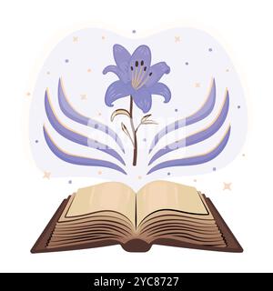 Old magical open book with a flower and sparks, shining notebook with blank pages and exquisite blue lily, vintage empty paper, dark academy literatur Stock Vector