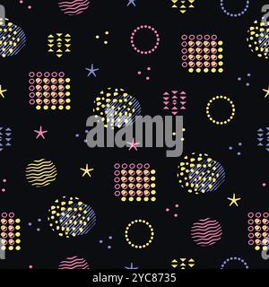 Trendy memphis design seamless pattern, dark background with bright geometric shapes and primitive figures Stock Vector