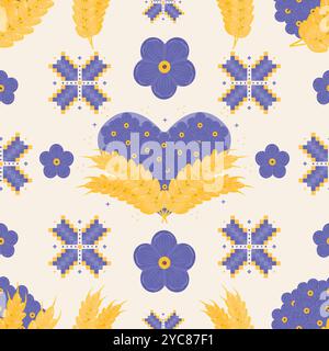 Bright blue and yellow seamless pattern in Ukrainian style, vector color repeat background. Blue flowers forget me not, national embroidery and ears o Stock Vector
