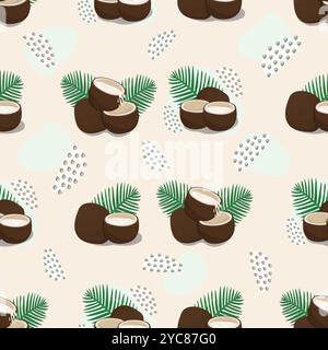 Light coconut seamless pattern with memphis style abstract shapes, vector colorful endless background Stock Vector