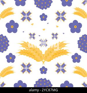 Seamless pattern in Ukrainian style, vector color repeat background. Blue flowers forget me not, embroidery and ears of wheat Stock Vector