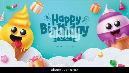 Happy birthday greeting vector template design. Birthday greeting text with cheese and strawberry ice cream characters and paper cut clouds decoration Stock Vector