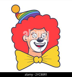 A funny clown in a multi-colored hat and a red wig. Character funny clown. Stock Vector