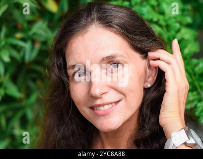 Selfie Portrait of 40 years old slavic woman close up without make up Stock Photo