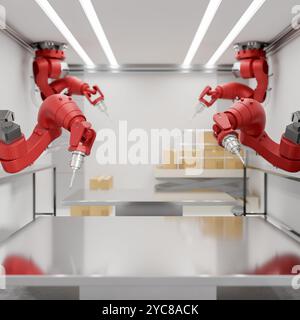 A close-up space for displaying products on a metallic tabletop surrounded by red robotic assembly arms in a modern factory. 3d render, 3d illustratio Stock Photo