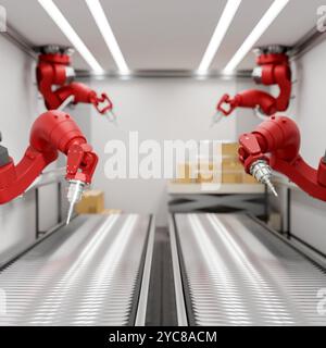 Red robotic assembly arms in a production line over double conveyor belts in a modern factory. Automated manufacturing. 3d render, 3d illustration Stock Photo