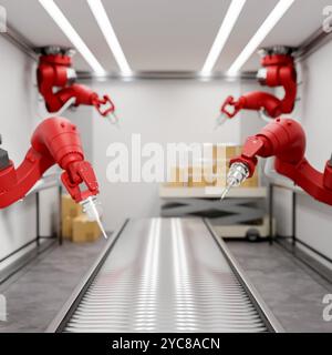 Red robotic assembly arms in a production line over a conveyor belts in a modern factory. Automated manufacturing. 3d render, 3d illustration Stock Photo