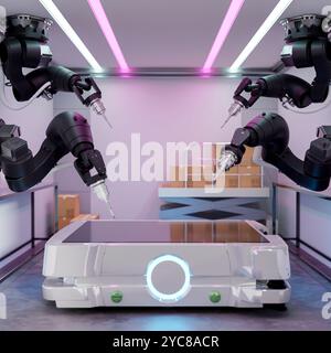 A close-up space for displaying products on a modern metallic tabletop or scale surrounded by black robotic assembly arms in a modern factory. 3d rend Stock Photo