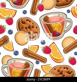 Vector Fruit Tea seamless pattern, decorative background with isolated illustrations flying tea cup and flour treats, square placard with flat lay pin Stock Vector