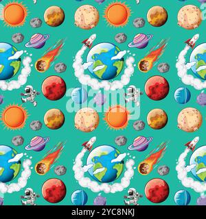 Colorful space-themed seamless vector illustration Stock Vector