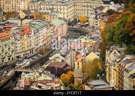 Beautiful high angle view of the city center of Karlovy Vary, Czech Republic, with it's stunning 19th century spa buildings in picturesque fall colors Stock Photo