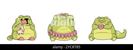 Cute crocodile characters set isolated on white background. Contemporary vector cartoon illustration of fat alligator mascots yawning and hugging toy, wearing pink skirt and bow, eating sweet donut Stock Vector