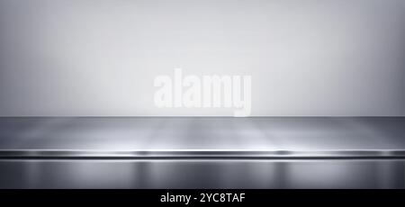 Sleek grey metal shiny surface with soft reflections and shadows. Minimalistic realistic 3d vector illustration of silver steel kitchen countertop or stainless desk surface in limbo like setting. Stock Vector