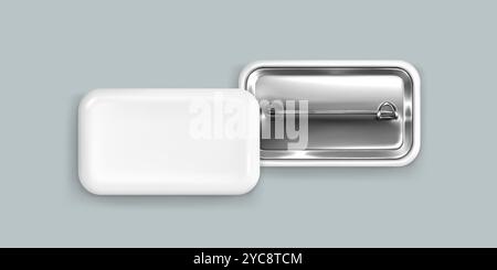 Mockup of white rectangular pin badge displaying back view with metallic clasp and smooth blank surface ready for customization. Realistic 3d vector brooch for visualizing logo or branding concept. Stock Vector