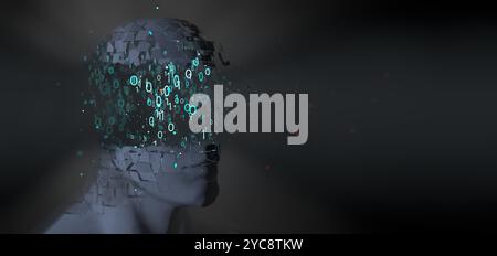 Blue-grey man's head exploding with cyan binary code of zero and one numbers inside against dark out of focus background. 3D Illustration Stock Photo
