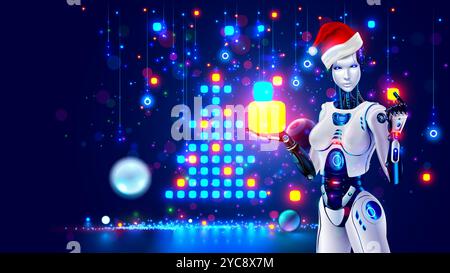 Beautiful AI robot woman in Santa Claus hat holds gifts in her hands. AI in image of cyborg woman or internet chat bot gives gifts for Christmas, New Stock Vector