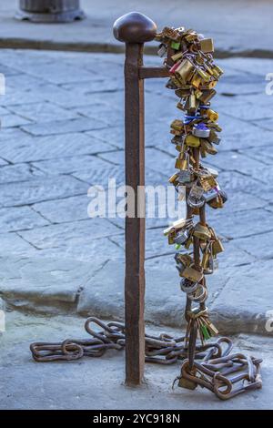 Padlocks on a pole in the street Stock Photo