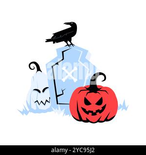 Pumpkins With Tombstone And Raven Symbolizing Halloween, Death, And Spooky Atmosphere, In Flat Vector Illustration, Isolated On White Background. Stock Vector