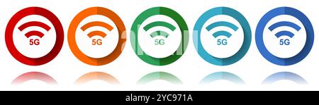5G internet wireless communication, network vector icons, flat icon set for logo design, webdesign and mobile applications, colorful web button collec Stock Vector