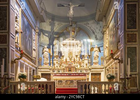 Altar with crucifix in Chiesa di Ognissanti church in Florence, Italy, Europe Stock Photo