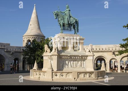 Bronze equestrian statue of St Stephen at Fishermans Bastion, Budapest, Hungary, Europe Stock Photo