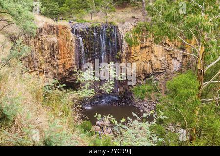Trentham Falls is one of the longest single drop waterfalls in Victoria, plunging some 32 metres over ancient basalt columns, Trentham, Victoria, Aust Stock Photo