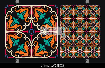 Patterned Azulejo Floor Tiles. Abstract Geometric Background. Vector illustration, Seamless Mediterranean Pattern Stock Vector