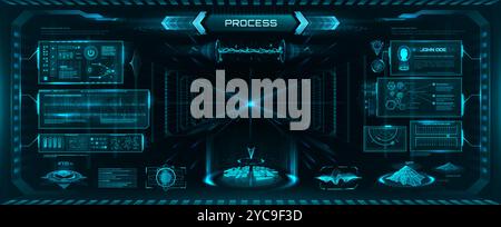 Futuristic HUD interface, game UI vector graphic elements. Hologram screens of future technology dashboard with virtual control panel, graphs and maps. Space game futuristic head up display interface Stock Vector
