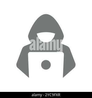 Hacker with hoodie and a laptop. Cyber, computer crime and virus vector icon. Stock Vector