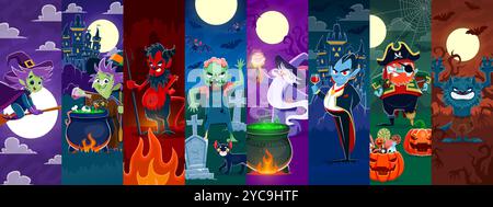 Cartoon Halloween characters collage with a witch, zombie, vampire, and pirate, devil, werewolf or wizard celebrate at spooky backgrounds featuring haunted castle, full moon, graveyard and cauldron Stock Vector